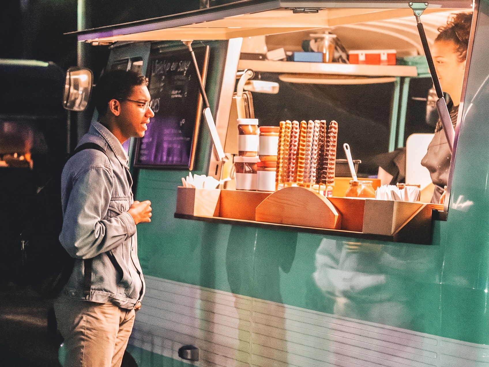 A customer ordering from a food truck counter at night
