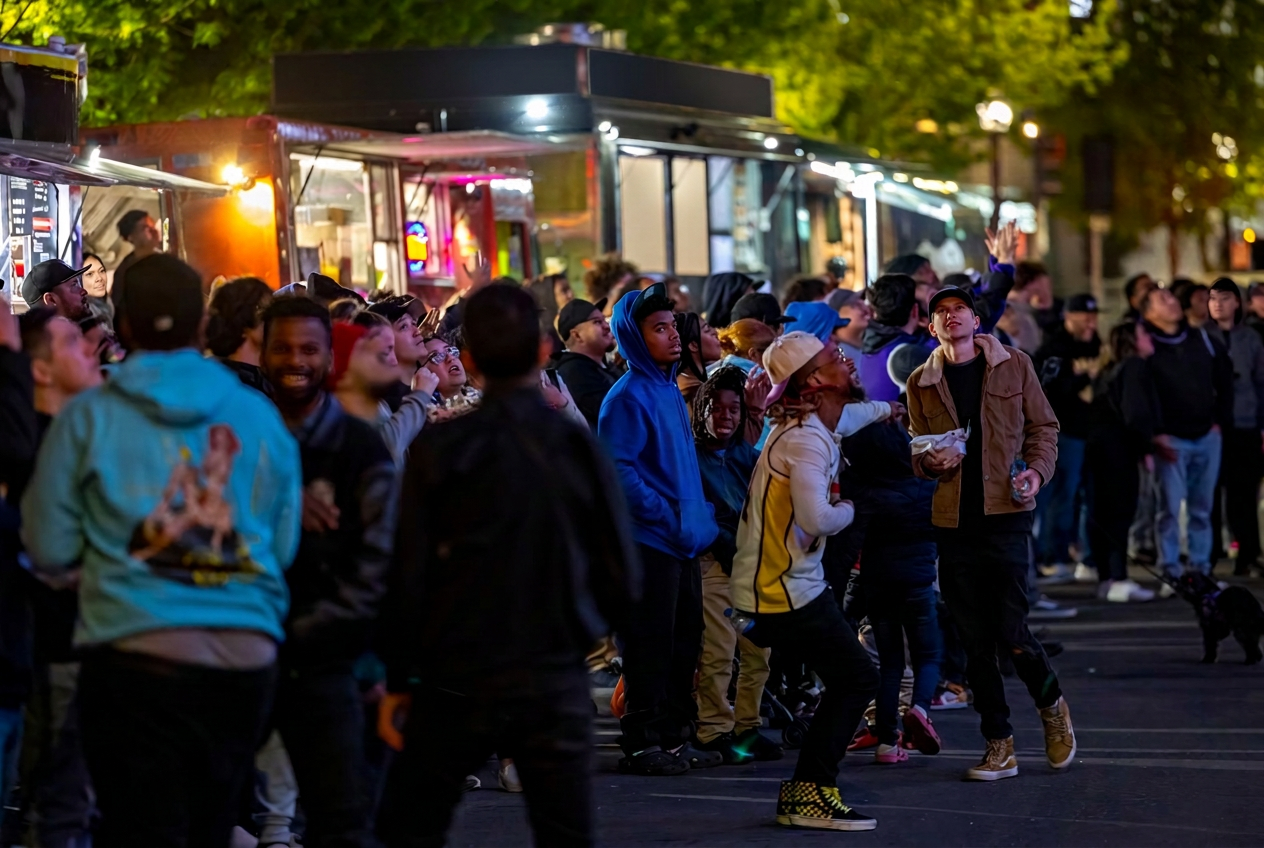 Crowd gathered at food trucks lit up at night